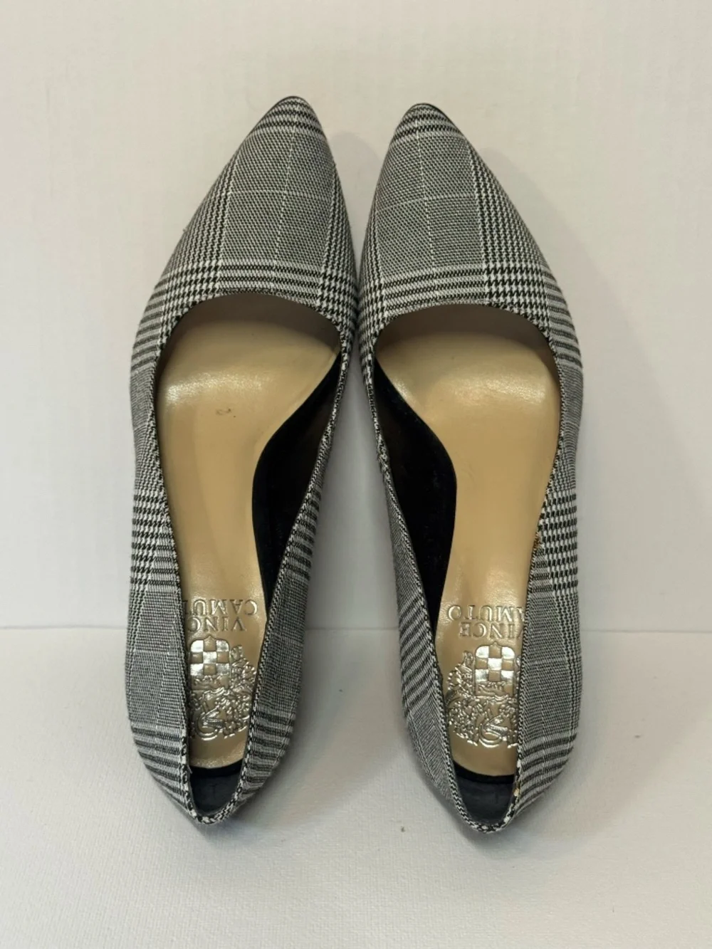Vince Camuto Plaid Block Heel Pumps Size 6.5 Black White Glen Plaid Pointed Toe